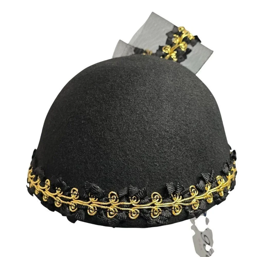 Vintage Black Fascinator Hat With Gold Embroidery & Mesh Bow Elegant Formal Desi